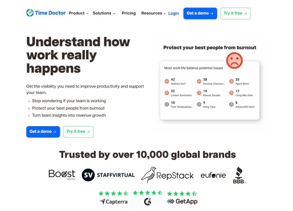 Time Doctor’s homepage, designed for intuitive navigation and clear CTAs